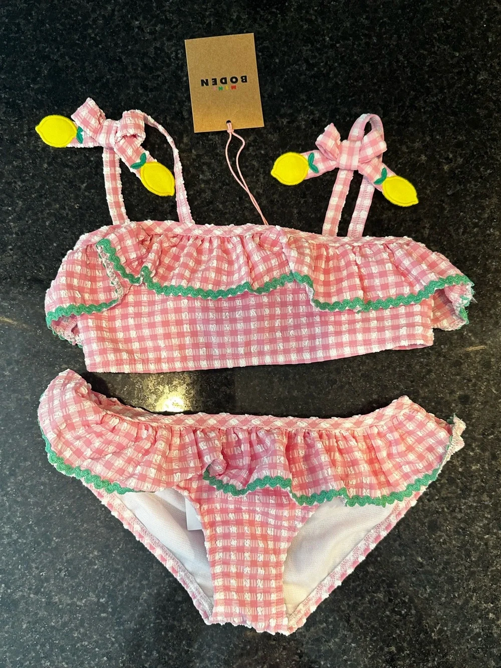 NWT Mini Boden Girls Seersucker Frilly Bikini